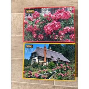 Kodak Jigsaw Puzzle Lot of 2 Puzzles 500 pc Landscape Open Box Rose Art Cottage